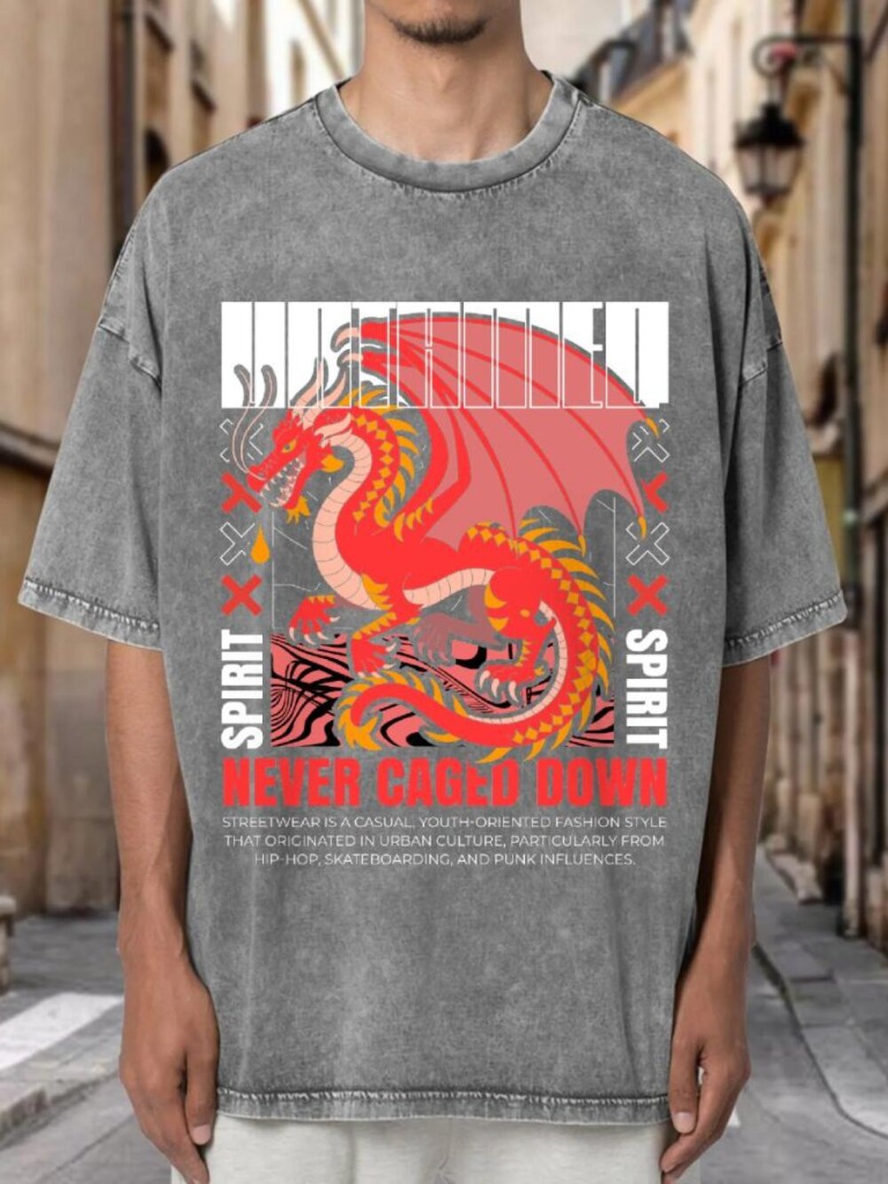 Red Dragon Never Caged Down Mineral Wash Oversized StreetweaT-shirt UANBU8Q6Y902